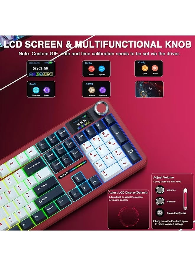 أولا AULA F108 PRO - لوحة مفاتيح ميكانيكية لاسلكية مع شاشة ومقبض، لوحة مفاتيح كاملة الحجم مع بطارية 8000 مللي أمبير في الساعة، مفاتيح مُشحمة مسبقًا، أغطية مفاتيح PBT مطبوعة على الجانب، لوحات مفاتيح ألعاب مخصصة قابلة للتبديل السريع بإضاءة خلفية RGB - Image 2